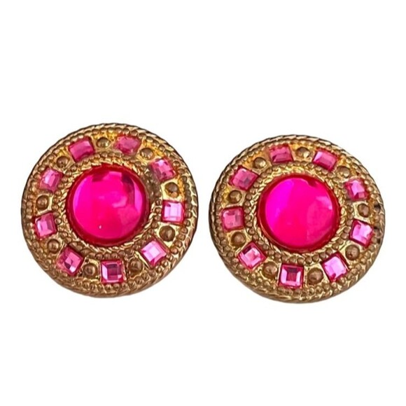 Vintage Earrings Gold Tone Gripoix Style Large Pink Cabochons 7J - Picture 1 of 3